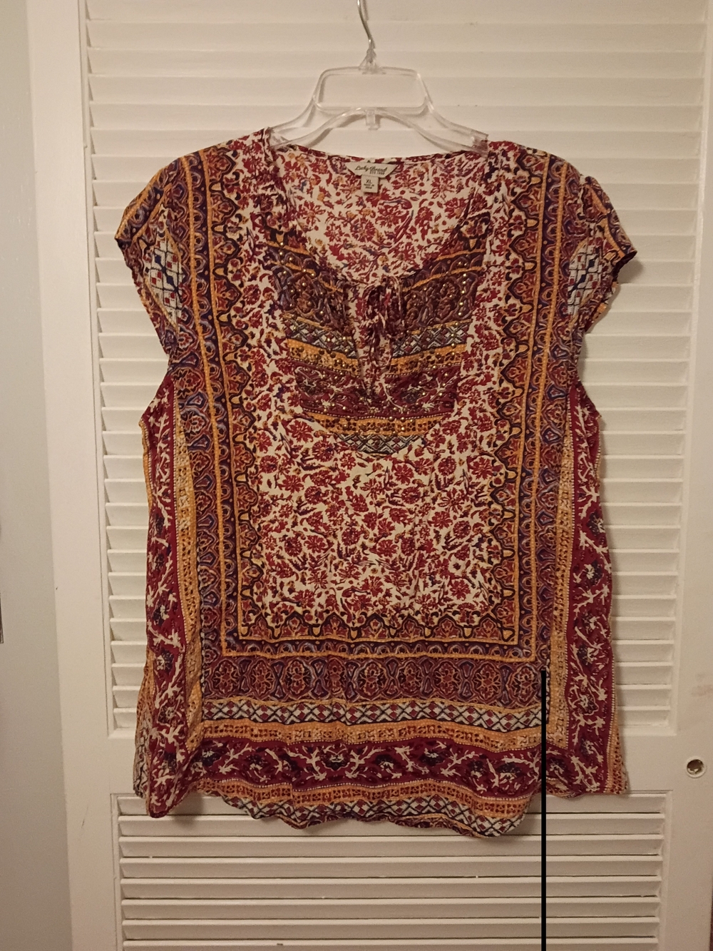 Lucky Brand Red Multi Boho Tie-Front Cap Sleeve Blouse - Picture 2 of 6